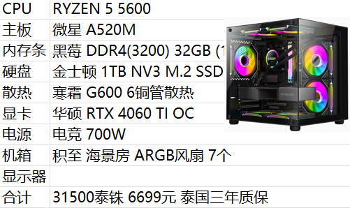 RYZEN 5 5600 微星 A520M 黑莓 DDR4(3200)32GB 金士顿 1TB 华硕 RTX 4060 TIOC 独显组装电脑