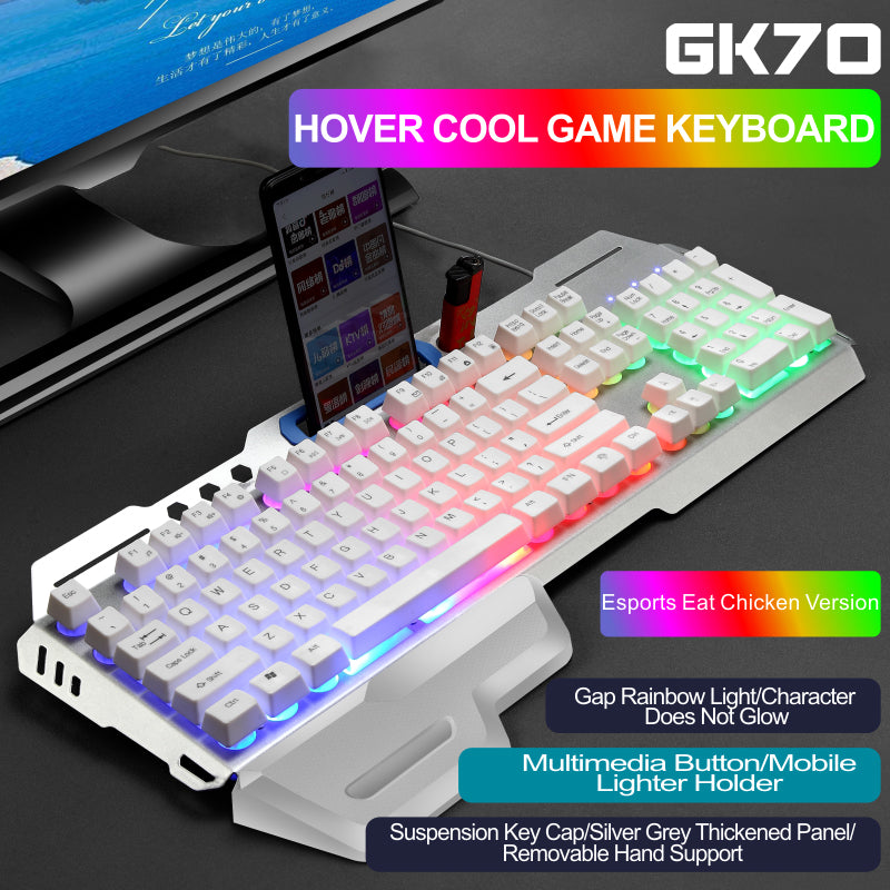 18D MS 'GK70 ปืนสีดำสายรุ้ง RGB Gun Mechanical คีย์บอร์ดเงียบรู้สึกดีตัวอักษรสีดำโปร่งใส Luminous Mechanical Keyboard เงียบ แพ็คเกจคีย์บอร์ดและเมาส์